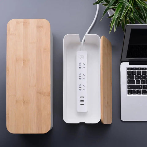 2 Pack Large Cable Management Box Set With Wooden Style Cord Organizer And Cover For TV Wires, Computer, Router, USB Hub And Under Desk Power Strip, Safe ABS Material, Baby And Pet Proof Lock, White, showing open box with wooden lid beside a desk setup