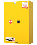 60 Gallon Flammable Storage Cabinet 43 By 18 By 65 Inches With Double Doors Vent Ports Grounding Conductor And Spill Containment Sump Garage Ready Safe Lockable Easy Access For Solvents Paints And Fuels, yellow steel front view