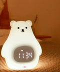 Cute Bear Night Light For Kids on a bedside table, showing digital clock display, soft BPA-Free silicone material, cozy bedroom decor.