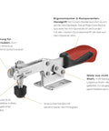 Pro Grade Horizontal Acting Toggle Clamp With Horizontal Base Size 2 Silver And Red Ergonomic Oil Resistant Handle With Large Grip For Quick Solid Clamping And Durable Stainless Hardware in side view