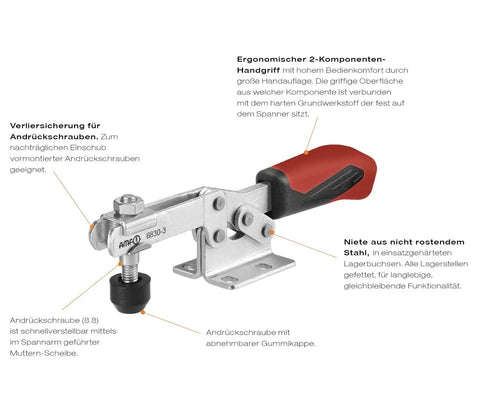 Pro Grade Horizontal Acting Toggle Clamp With Horizontal Base Size 2 Silver And Red Ergonomic Oil Resistant Handle With Large Grip For Quick Solid Clamping And Durable Stainless Hardware in side view
