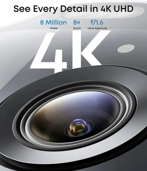 Close-up of Ultra HD 4K Wireless Outdoor Security Camera lens with 8x zoom and f/1.6 aperture, highlighting 4K UHD detail.