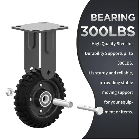 8 Inch Fixed Heavy Duty Caster Wheel 1000 LB Capacity Solid Rubber Black Rim Flat Free Outdoor For Carts Dollies Workbenches Trolleys DIY Tools 2 Pack shown in side view.