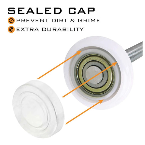 Close-up of Two Inch Nylon Sealed Garage Door Rollers With 6200ZZ High Performance Ball Bearings Ultra Quiet Dust Cap Protected 12 Pack
