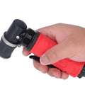 Hand holding a Heavy Duty Pneumatic Die Grinder with a red and black design, ideal for metal removal and wood deburring.