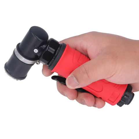Hand holding a Heavy Duty Pneumatic Die Grinder with a red and black design, ideal for metal removal and wood deburring.