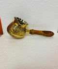 Turkish Greek Arabic Floral Brass Tone Stovetop Coffee Pot Cezve Ibrik Briki With Wooden Handle Handcrafted 180 Ml 6 Oz Vintage Vibe