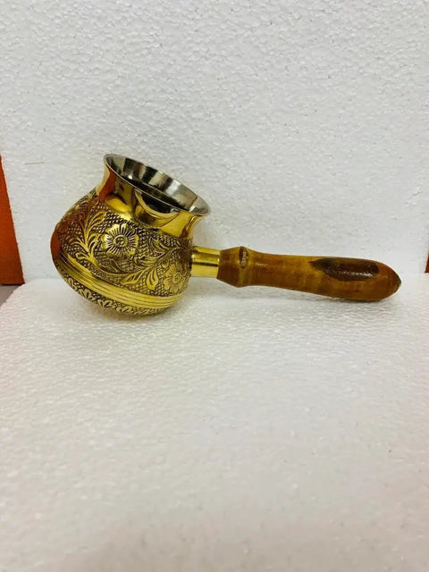 Turkish Greek Arabic Floral Brass Tone Stovetop Coffee Pot Cezve Ibrik Briki With Wooden Handle Handcrafted 180 Ml 6 Oz Vintage Vibe