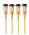 Four handcrafted bamboo solar torch lights for outdoor garden pathways; warm white LEDs, light sensor, 60cm spikes.