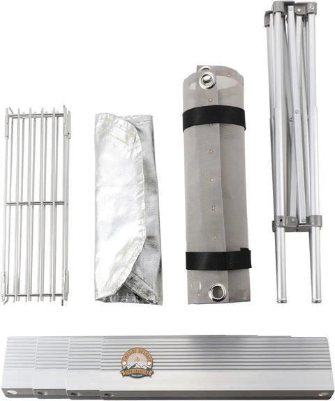 Disassembled Trailblazer Pop Up Fire Pit 12 by 12 Inch Portable Camp Stove components including frame and grill.