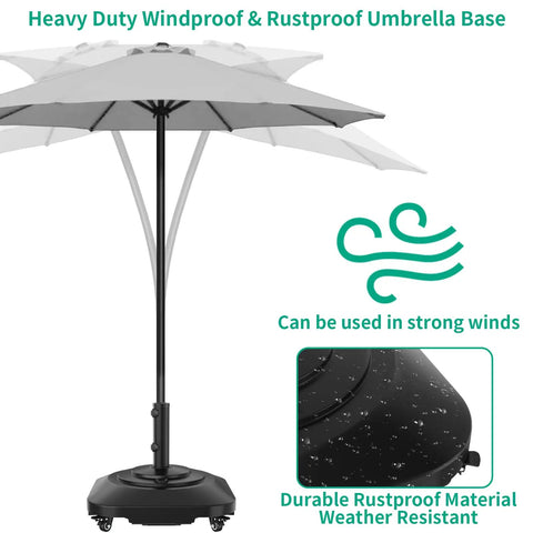Heavy Duty 100Lb Umbrella Base With Four Locking Wheels, Windproof Mobile Square Stand in use with umbrella.