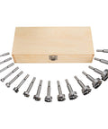 Battle Tested 16 Piece Forstner Drill Bit Set With Wood Storage Case, showcasing sharp bits in a circular layout.