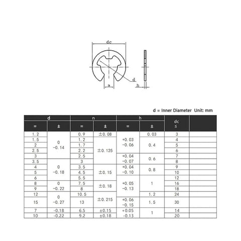 Premium 316 Stainless Steel E Clip Circlip Retaining Ring For Shaft Fastener M7 Size dimensions and specifications chart.