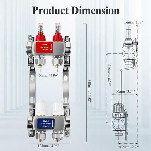 Dimensions of 2 Loop Pex Radiant Manifold For Hydronic Floor Heating with stainless steel and automatic air vents.