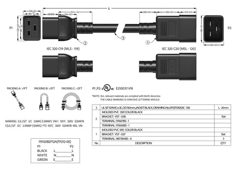 Premium 12 AWG Heavy Duty Power Cord Cable For Servers and PDUs IEC320 C20 To C19 4ft Plug with molded connectors.