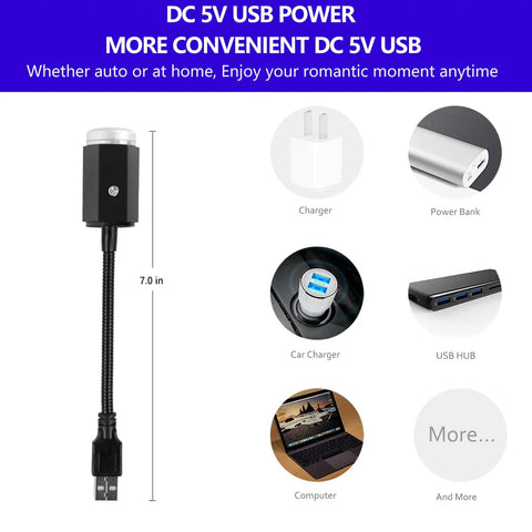 USB Star Night Light with Three Color Options And Seven Lighting Modes, showing USB plug compatibility with various devices.
