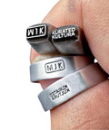 Pro Grade Metal Signature Stamp For Jewelry And Metalwork, Tiny Yet Mighty Micro Stamps Tool in hand showing imprinted designs on rings