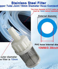 Image showing a 10mm Stainless Steel Inline Hose Filter Strainer with 10mm Barb Connection for Sprayers Car Wash Oil Pumps and Industrial Equipment Durable.