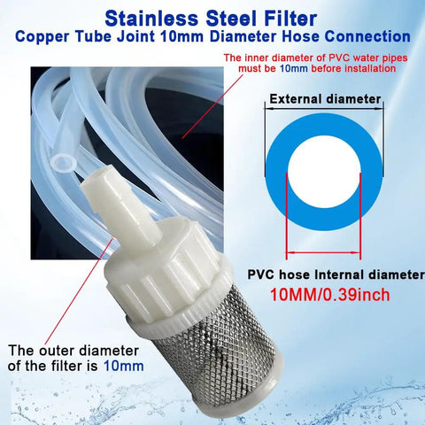Image showing a 10mm Stainless Steel Inline Hose Filter Strainer with 10mm Barb Connection for Sprayers Car Wash Oil Pumps and Industrial Equipment Durable.