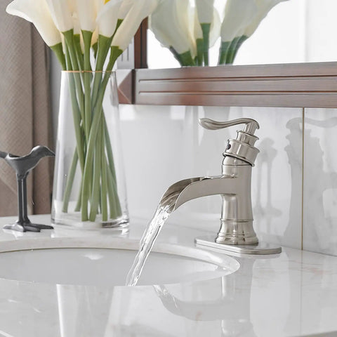 Brushed Nickel Bathroom Sink Faucet 1 Hole Single Handle Waterfall Style Brass Construction Lead Free Vanity Faucet For Home Or Commercial Use No Pop Up Drain Easy Install And Durable Design, water flowing