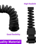 Side view of 22Pcs Waterproof Cable Gland Conduit Fittings Set With Gasket Six Sizes From 3Mm To 18Mm Flexible Spiral Strain Relief Black Nylon.