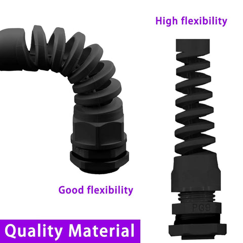 Side view of 22Pcs Waterproof Cable Gland Conduit Fittings Set With Gasket Six Sizes From 3Mm To 18Mm Flexible Spiral Strain Relief Black Nylon.