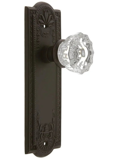 Meadows Plate And Crystal Door Knob Set For Vintage And Modern Doors With Fluted Glass Knob And Decorative Back Plate Classic Retro Vibe Premium Hardware Finish Elevates Your Entryway With Timeless Charm, featuring an oil rubbed bronze plate