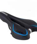 Comfy Gel Memory Foam Bike Seat for Men and Women, black waterproof soft saddle with blue accents, reflective stripe for night rides