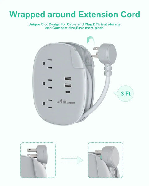 USB C Portable Travel Power Strip with Three Outlets and Three USB Ports Fast Charge for Cruise or Home Office, 3ft Cord