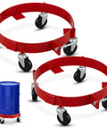 Two Pack Drum Dollies For 16 Gallon Drums Red Mobile Base With Four Swivel Casters, Heavy Duty Drum Cart Set For Buckets, Shops, Garages, Factories, And Warehouses, Easy Roll, Stable, Perfect For Moving Large Drums red steel ring dollies with swivel casters
