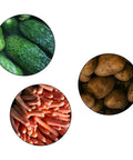 Potato Veggies Crinkle Cutter kitchen tool; image shows fresh cucumbers, carrots and potatoes.