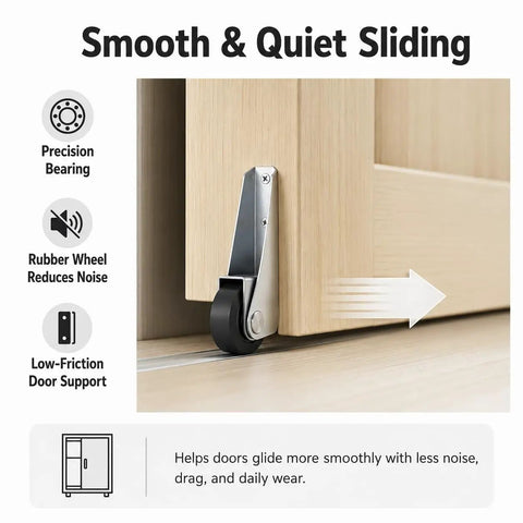 Heavy Duty Vertical Track Roller Wheels For Sliding Closet Doors With Slick Rubber Casters Built Tough To Banish Drag And Sag Fast Upgrade Hardware For Wardrobes And Cabinets, showing rubber wheel and metal frame.