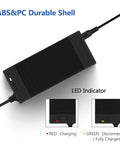 54.6V 2A UL Listed Electric Scooter Charger Replacement with LED Indicator, ABS & PC durable shell, shown in black.