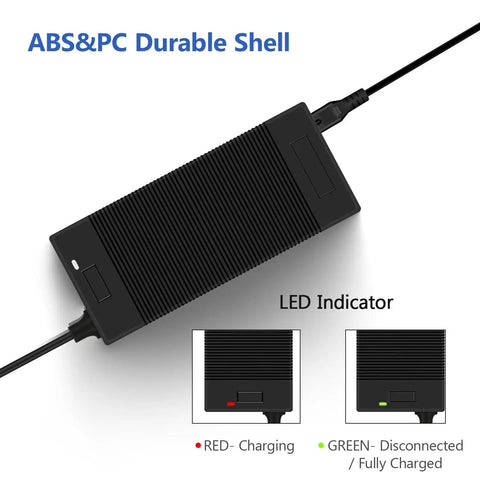 54.6V 2A UL Listed Electric Scooter Charger Replacement with LED Indicator, ABS & PC durable shell, shown in black.