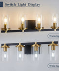 4 Light Modern Vanity Light Fixtures For Bathroom In Matte Black And Brushed Gold With Clear Glass Shades Over Mirror
