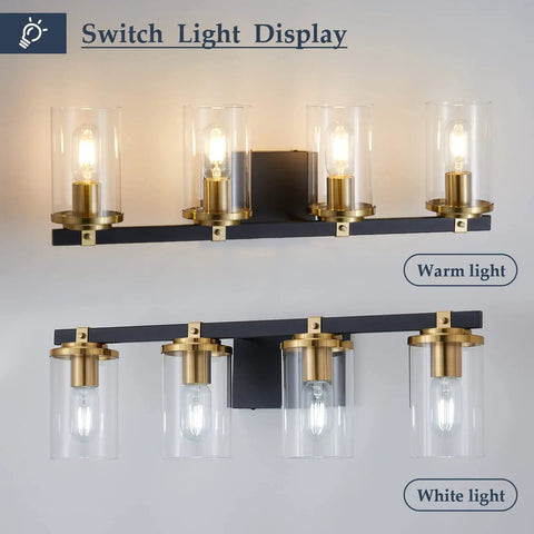 4 Light Modern Vanity Light Fixtures For Bathroom In Matte Black And Brushed Gold With Clear Glass Shades Over Mirror
