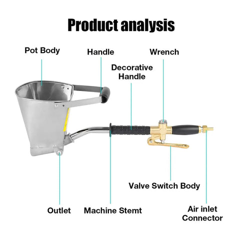 Heavy Duty Portable Pneumatic Cement Mortar Sprayer Featuring Four Hole Nozzle, showcasing pot body, valve, and air inlet connector.