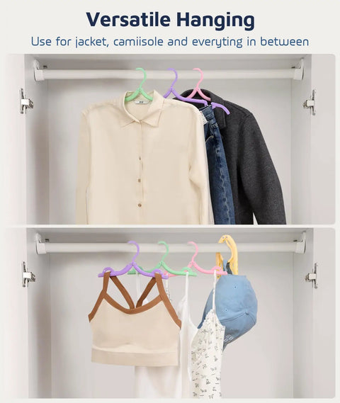 Ultra Compact Foldable Travel Hangers Set for Cruise Ship and Air Travel, hanging shirts, jackets, and accessories in closet.