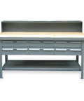 Hella Heavy Duty Workbench Featuring Thick Butcher Block Top And Welded Steel Frame Delivering Nonsense Strength For Any Real Deal Garage Or Workshop Setup with six drawers.