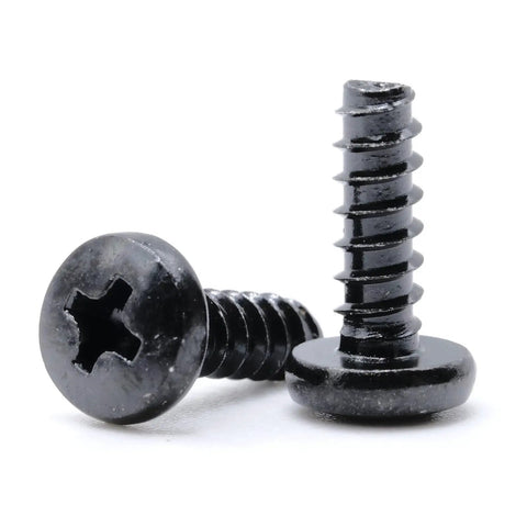 T4 X 12Mm Metric Self Tapping Screws With Pan Head And Phillips Drive Black Oxide Steel, two screws displayed