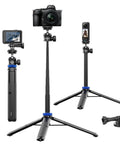 62 Inch Extendable Selfie Stick Tripod For GoPro And Osmo Pocket 3 With 360 Degree Ball Head And One Quarter Inch Screw shown with cameras.