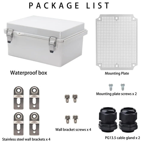Rugged Outdoor Weatherproof IP67 Electrical Junction Box Enclosure with mounting plate, wall brackets, and cable glands