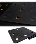 Straight Shooting Dog Hole Routing Template Featuring 96mm Spacing Built For Mft Style Workbenches showing black alignment plate.