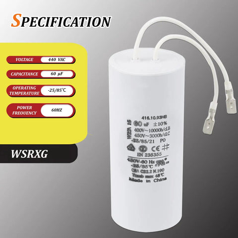 Motor Capacitor Replacement For Global Hydraulics Auto Lift Power Unit 60UF Plus Or Minus 10 Percent Tolerance Pro Grade Start And Run Performance For Heavy Duty Hydraulic Systems Works With FA7147 5 FA7147 And FA7175 showing specifications and wires