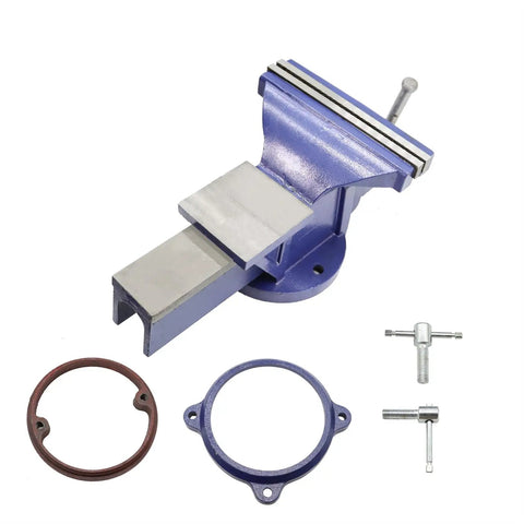 10 Inch Heavy Duty Cast Iron Bench Vise With 360 Degree Swivel Lock Base Chrome Spindle And Nuts Quenched Jaw For Extra Hard Grip Non Slip Textured Jaw Surface Built For Pro Shop Quality Bench Work, shown with base rings