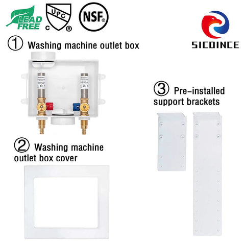 Washer Outlet Box With Water Hammer Arrestor And Valves For Quiet Laundry, No Banging Inlet 1/2 Inch PEX Adapters, Outlet 3/4 Inch