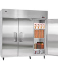 Built Different For Heavy Duty Operations This 52 Cubic Foot Upright Freezer with stainless doors and frozen goods inside.
