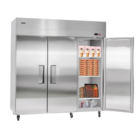 Built Different For Heavy Duty Operations This 52 Cubic Foot Upright Freezer with stainless doors and frozen goods inside.