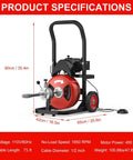 No Sweat Auto Feed Drain Auger One Hundred Foot Electric Sewer Snake with 75ft cable and half inch steel core for pipe cleaning.