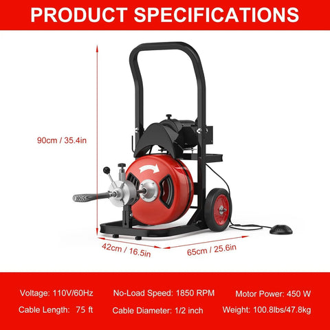 Rugged Auto Feed Drain Auger 75 Ft 3/8 Inch Steel Core Cable Electric Sewer Snake with 4 Cutters and specifications chart
